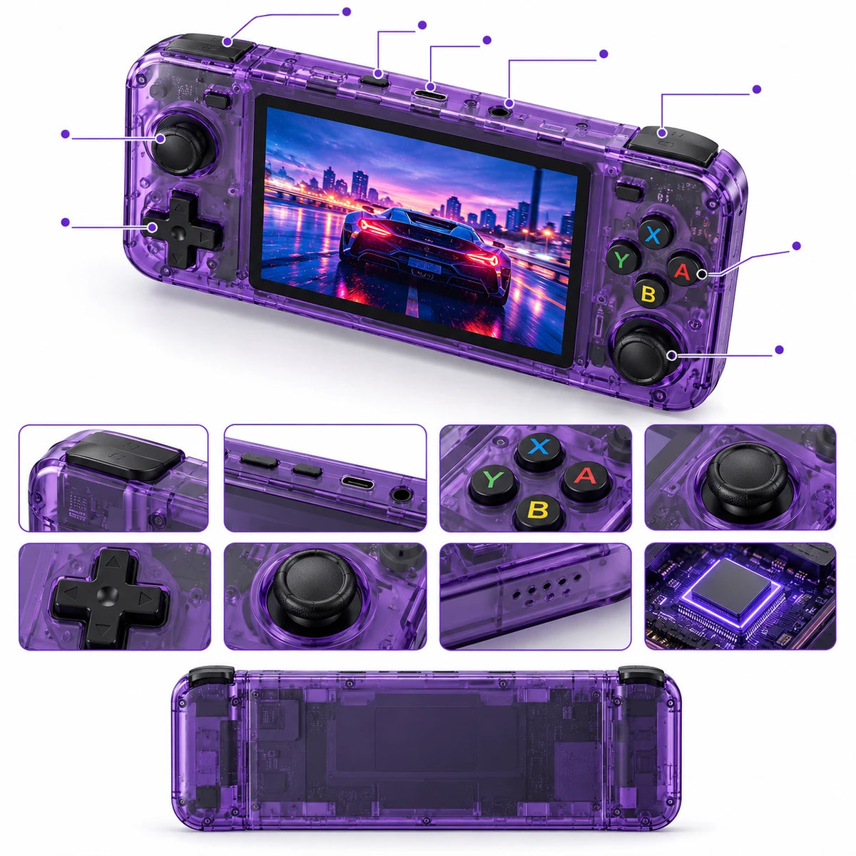 Detalles de la consola retro morada translúcida: botones, joysticks, cruceta y puertos